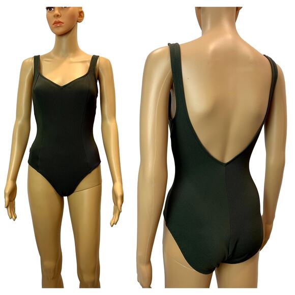 90s Bill Blass Vintage Deadstock Army Green One Piece Swimsuit Plunge Back | S - Picture 1 of 10